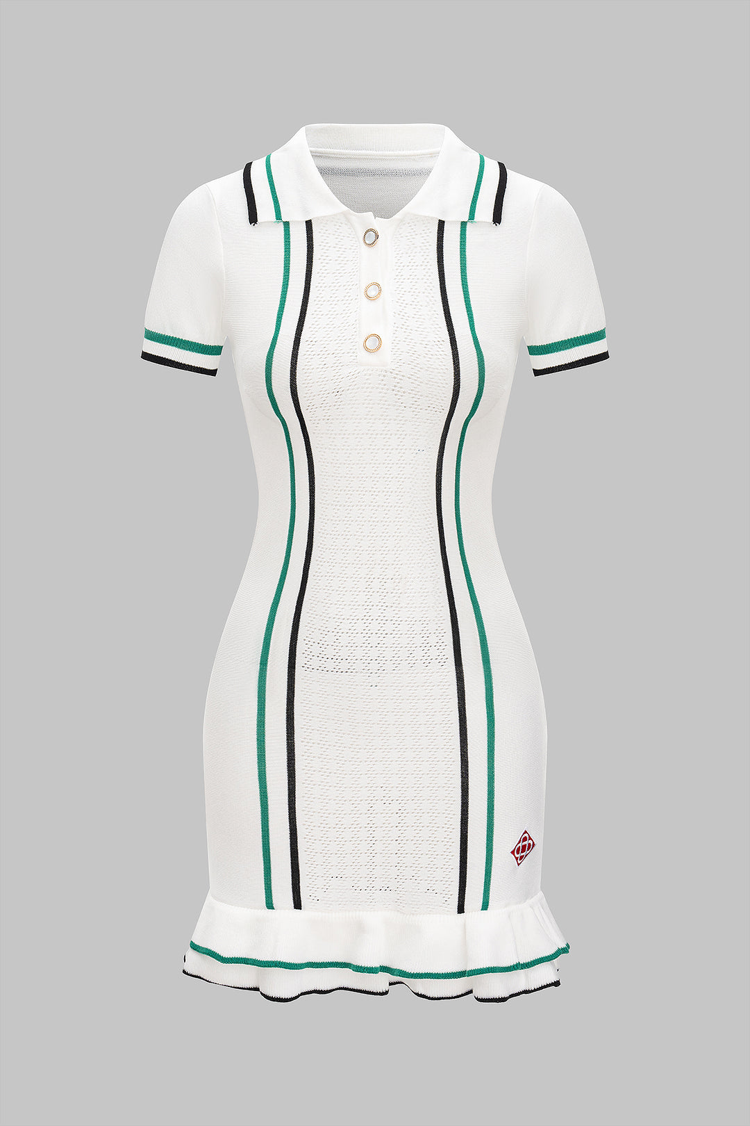 Triko Kontrast Düğme Volan Kısa Kol Elbise