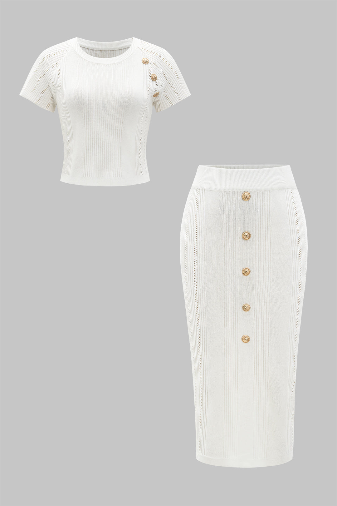 Örgü Metalik Düğmeli Üst Ve Etek Seti