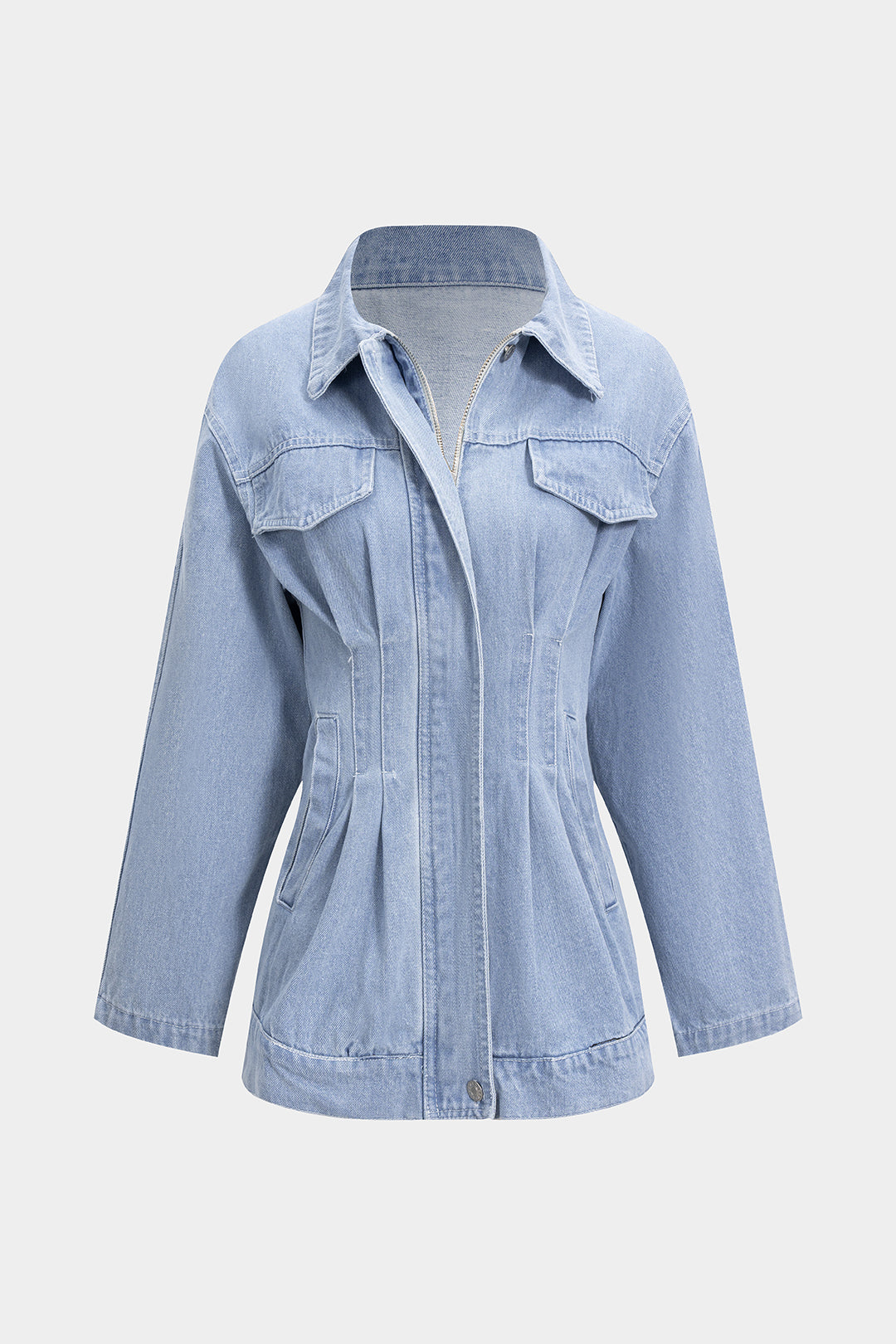 Kot Mavisi Denim Fermuarlı Belindeki Büzgülü Kaban
