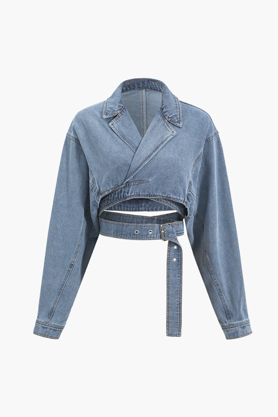 Lacivert Denim Çapraz Kemerli Uzunlukta Yakalı Kaban
