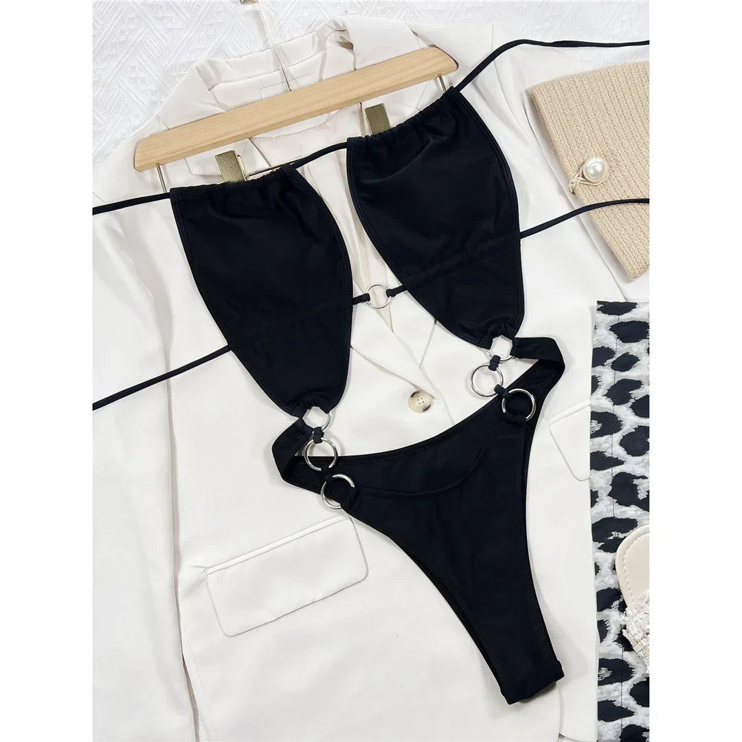 Metal Halkalı Kesik Mayokini Tek Parça Naylon Spandex
