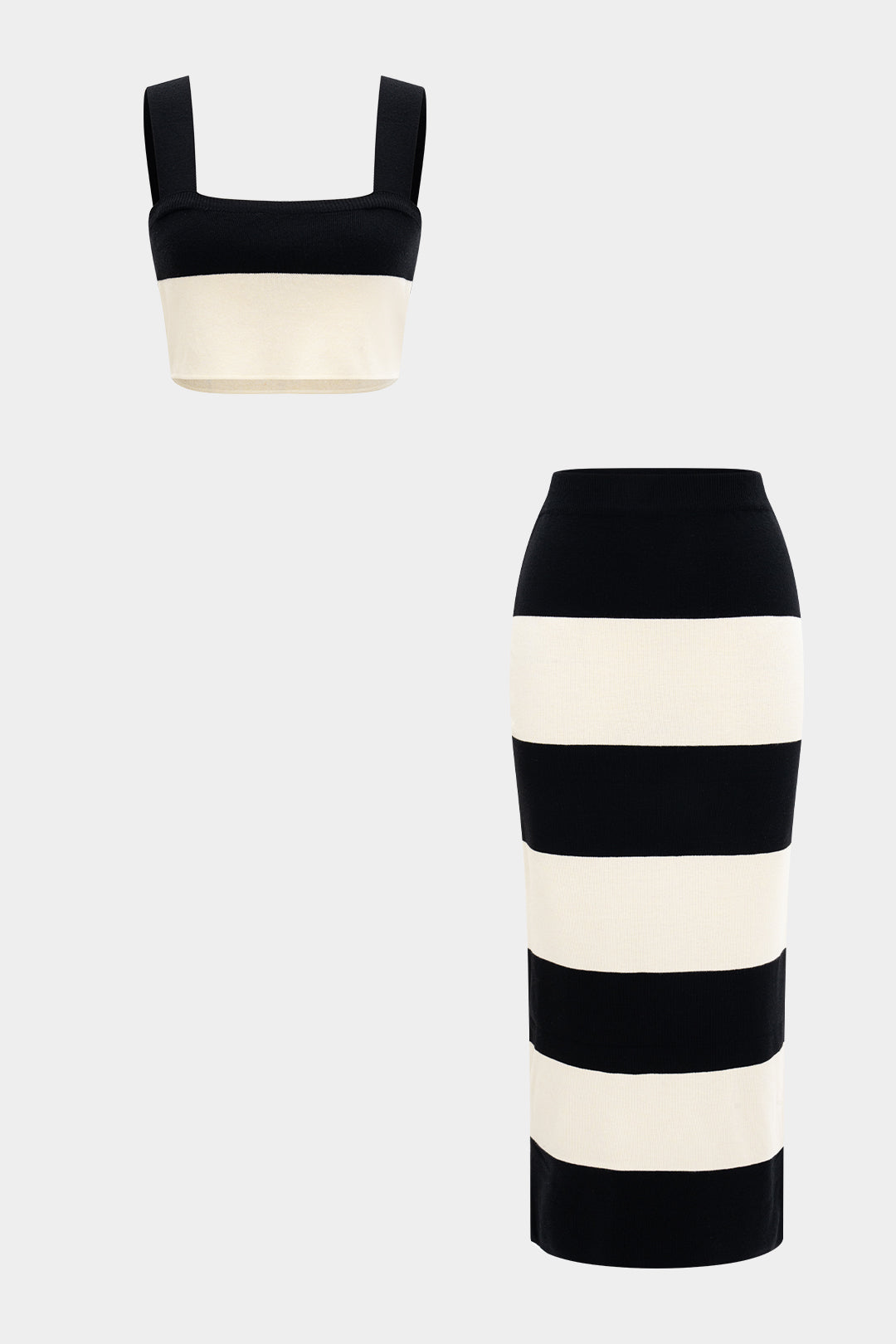 Örgü Kontrast Askılı Üst ve Etek Takımı