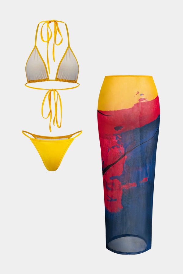 Halter Wrap Kapatıcı Üç Parçalı Bikini Seti