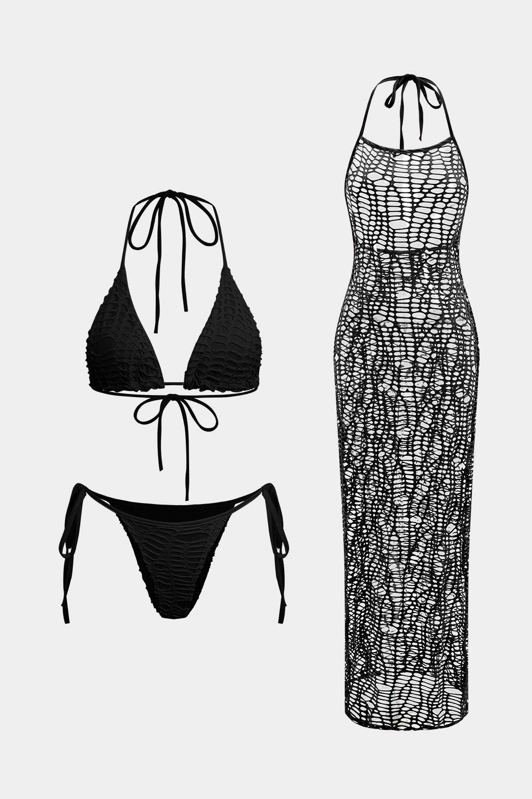Dokulu Halter Yaka Bikini ve Açık Örgü Plaj Kıyafeti Seti