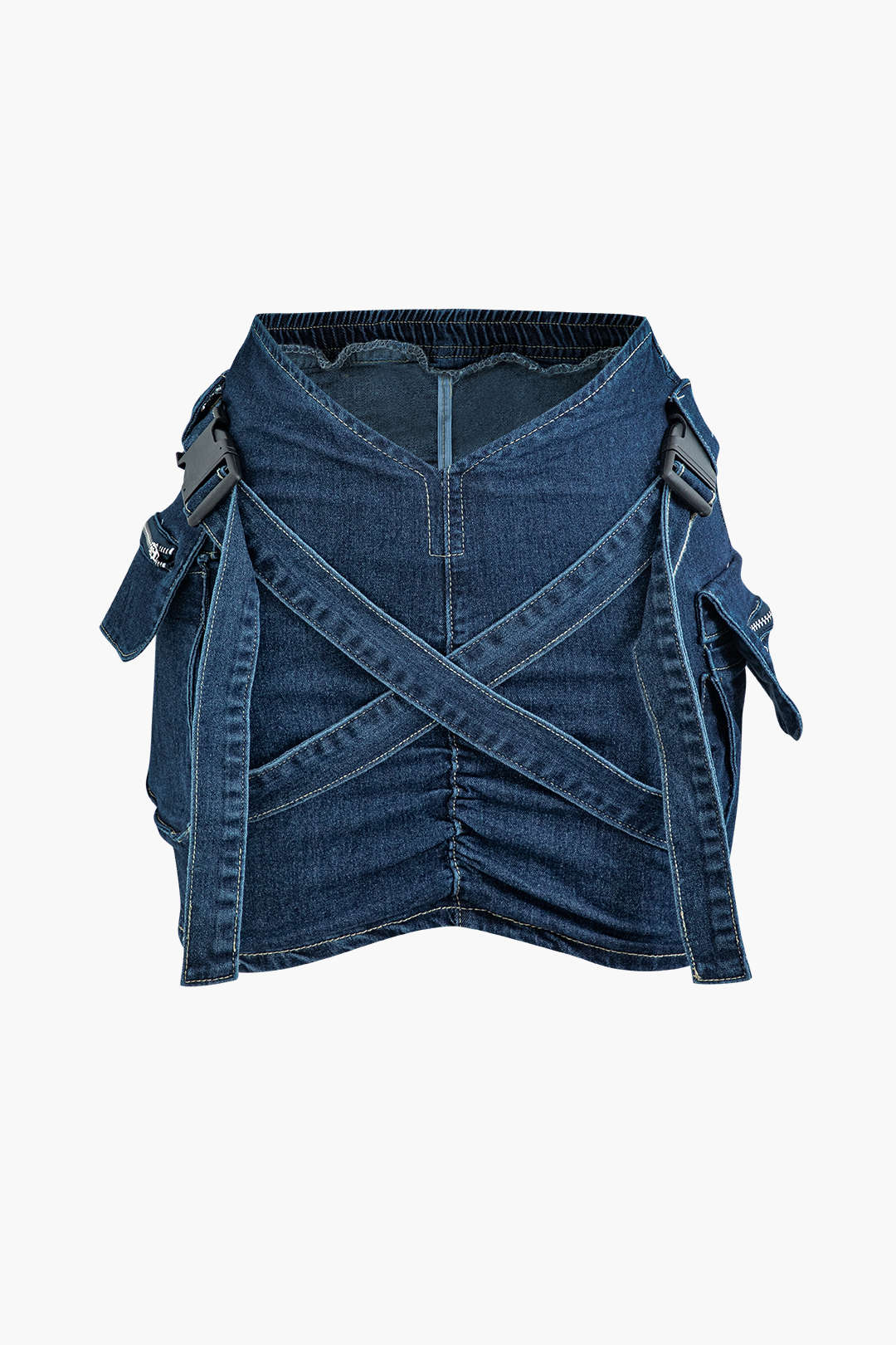 V-Bel Lastik Tokalı Flap Cebli Denim Kargo Etek