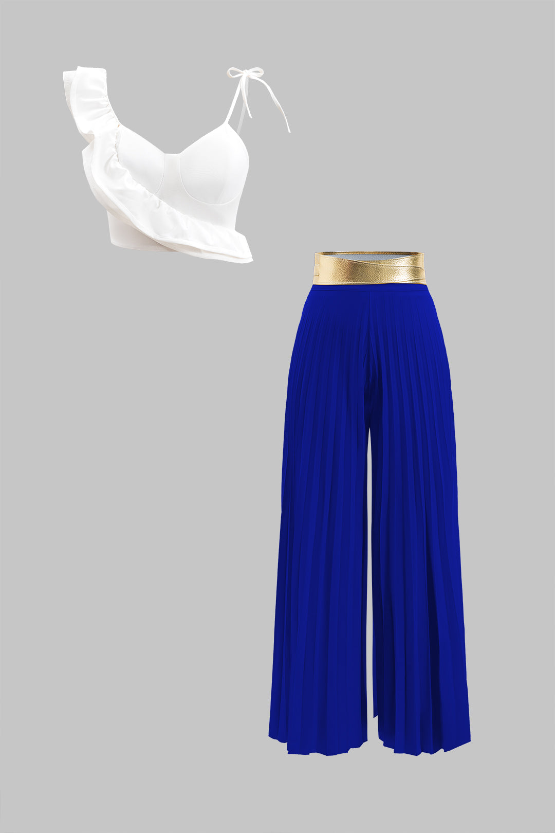 Volanlı Askılı Bluz ve Plise Pantolon Seti