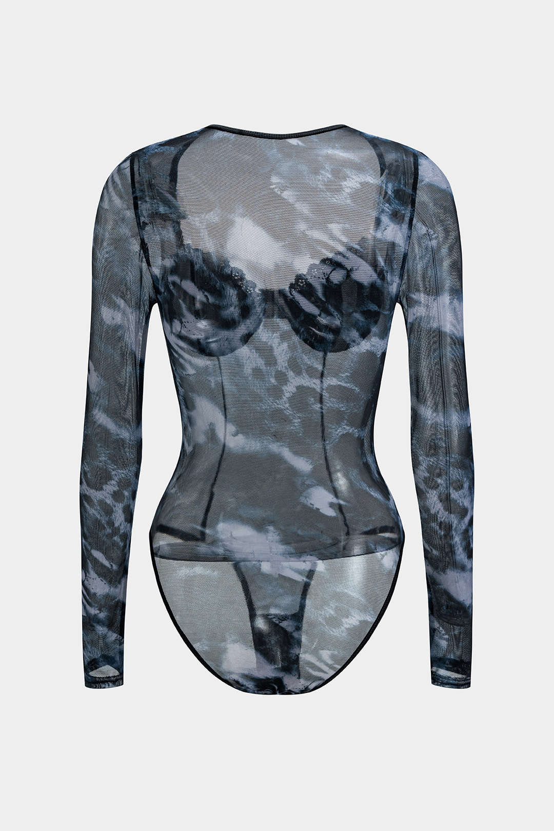 Tie Dye Baskılı Fileli Büstiyer Korse Uzun Kol Bodysuit
