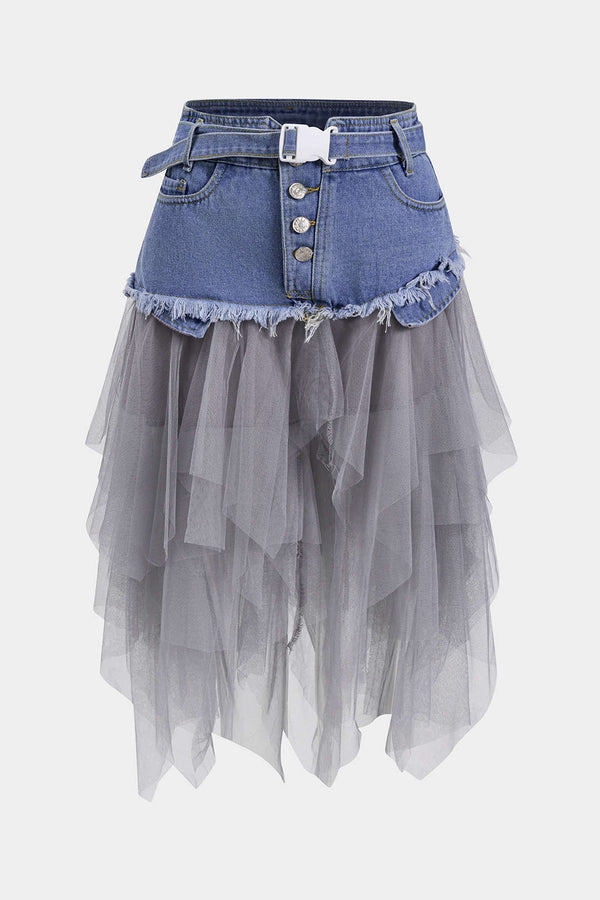 Denim Ağ Mesh Patchwork Kemerli Düğmeli Cepli Etek