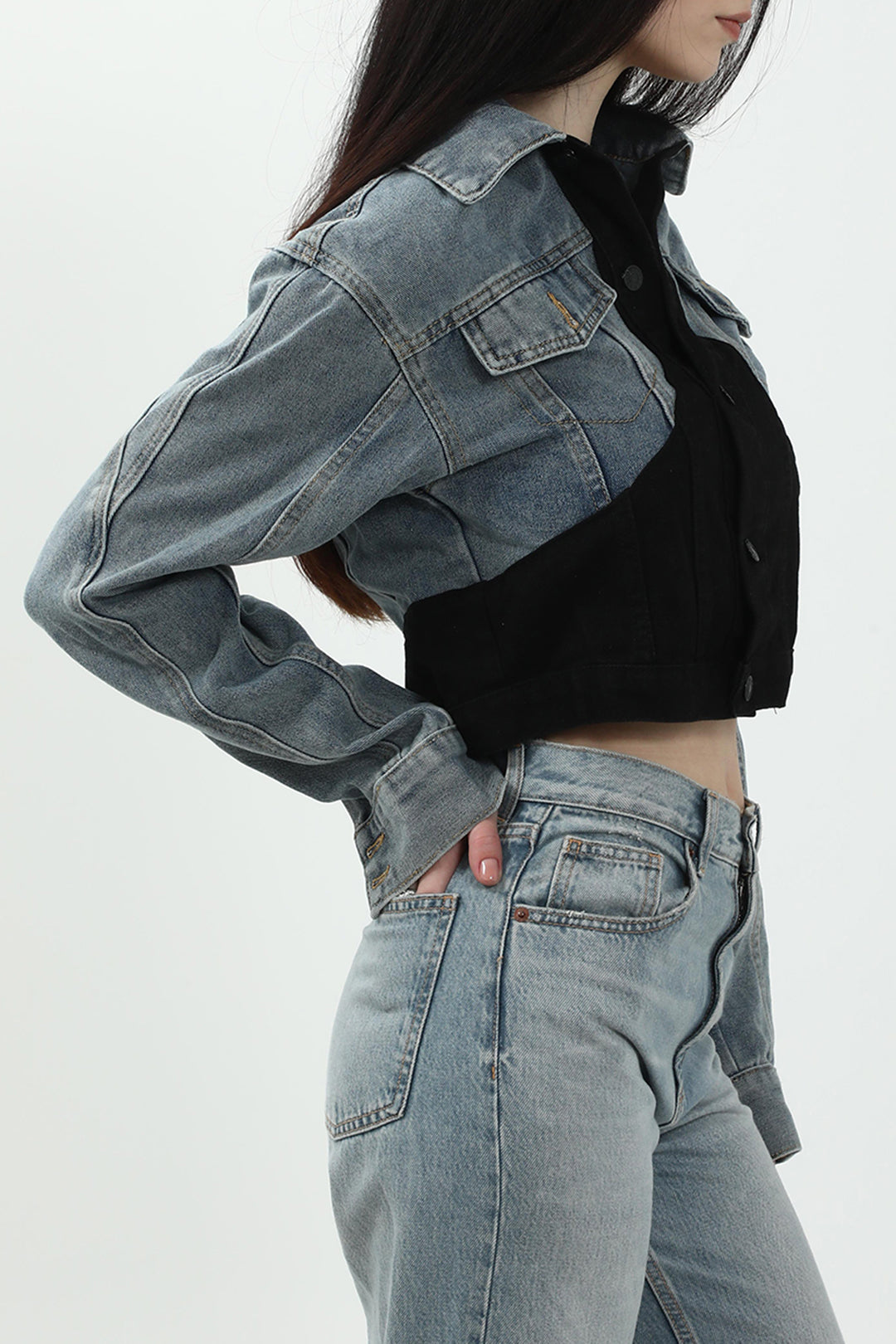 Gökyüzü Mavisi Patchwork Desenli Kontrastlı Denim Ceket