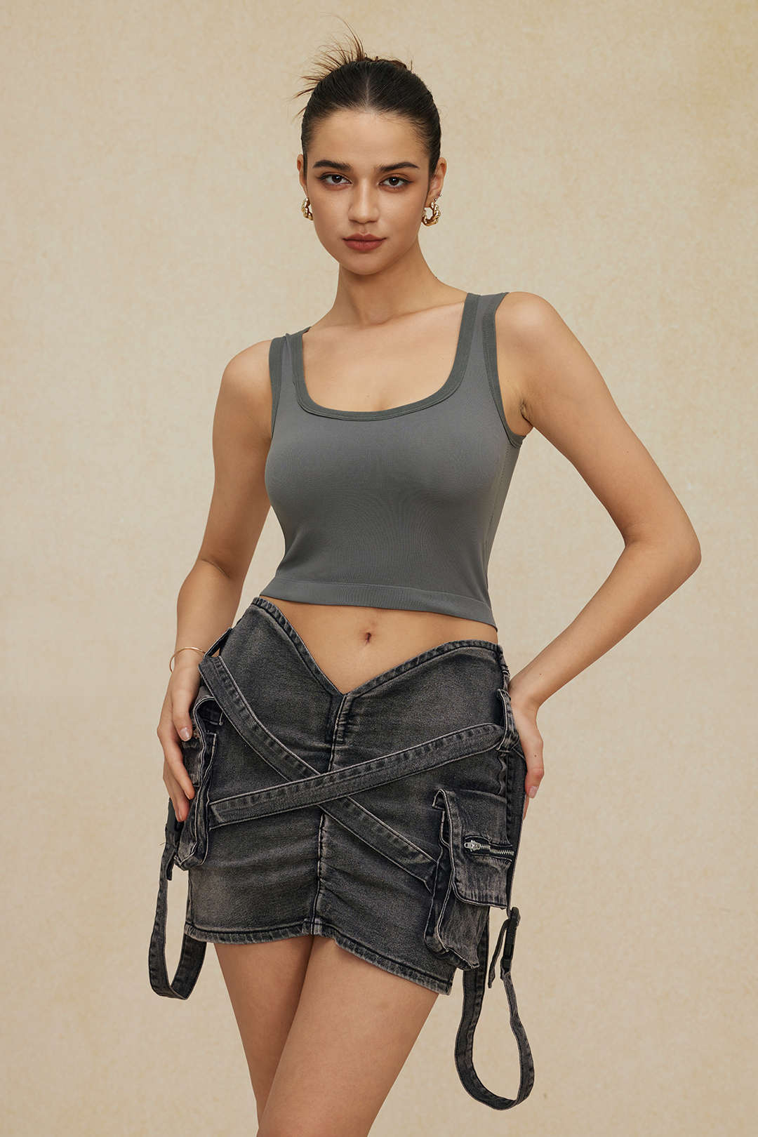 V-Bel Lastik Tokalı Flap Cebli Denim Kargo Etek
