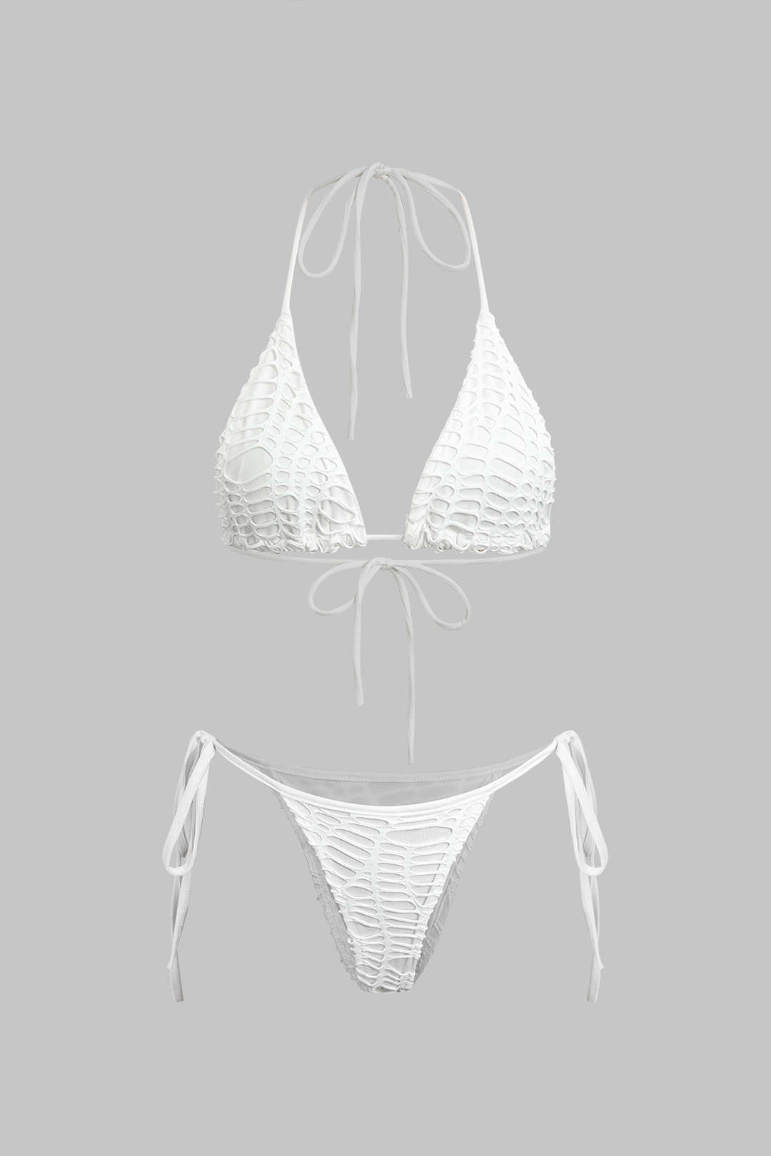 Dokulu Halter Yaka Bikini ve Açık Örgü Plaj Kıyafeti Seti