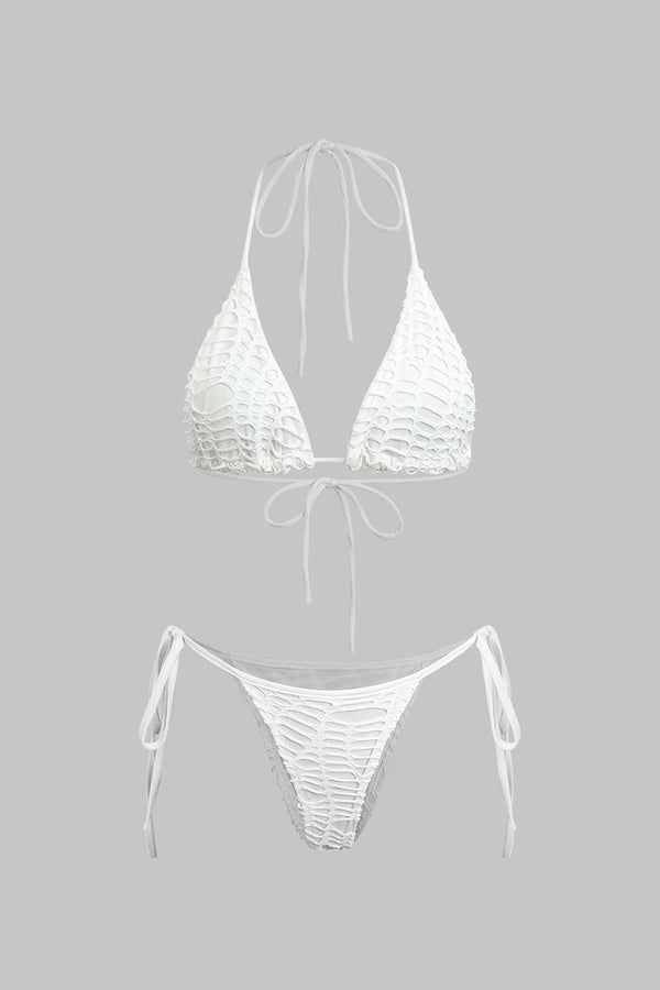 Dokulu Halter Yaka Bikini ve Açık Örgü Plaj Kıyafeti Seti