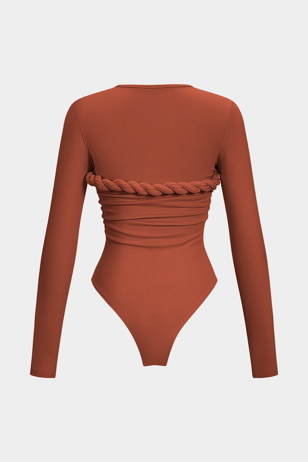 Düğüm Burgu Pileli Uzun Kollu Esnek Bayan Bodysuit