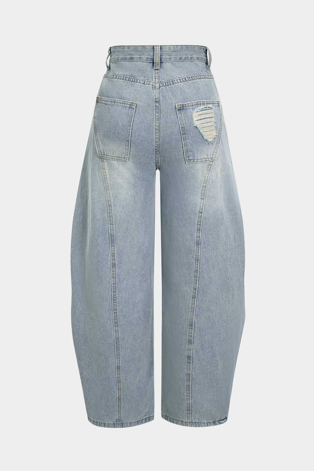 Denim Yırtık Büzgülü Barrel Kesim Özelleştirilmiş Pantolon