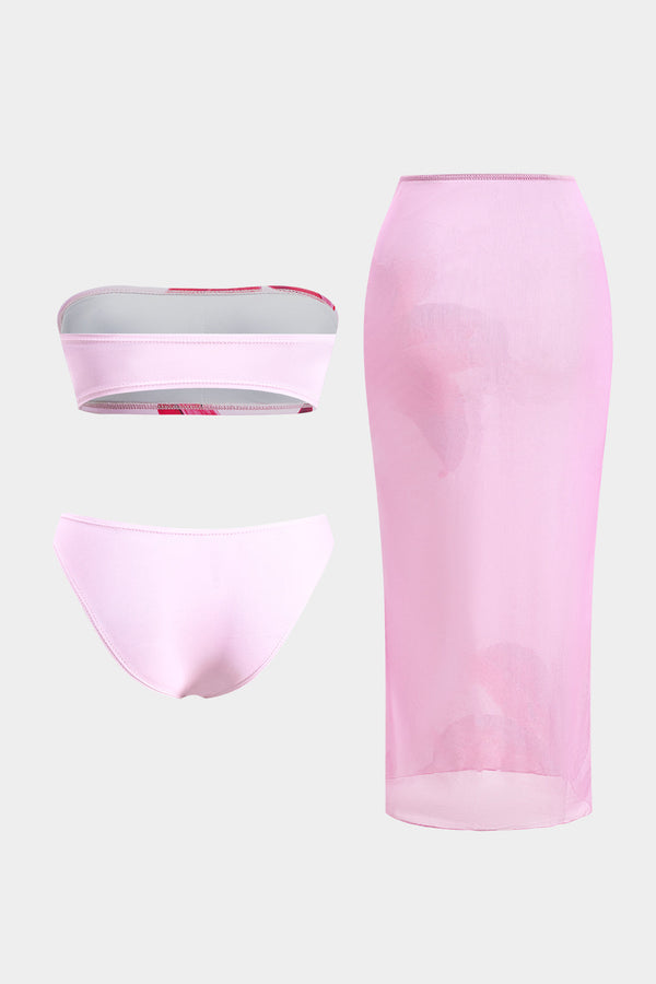 Çiçek Desenli File Arkası Açık Bikini ve Cover Up Seti