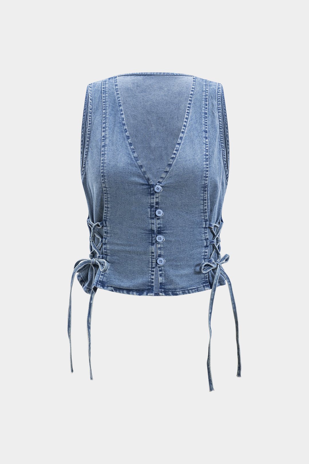 Denim Koyu Büzgülü Düğmeli Bağcıklı Zarafetli Yelek