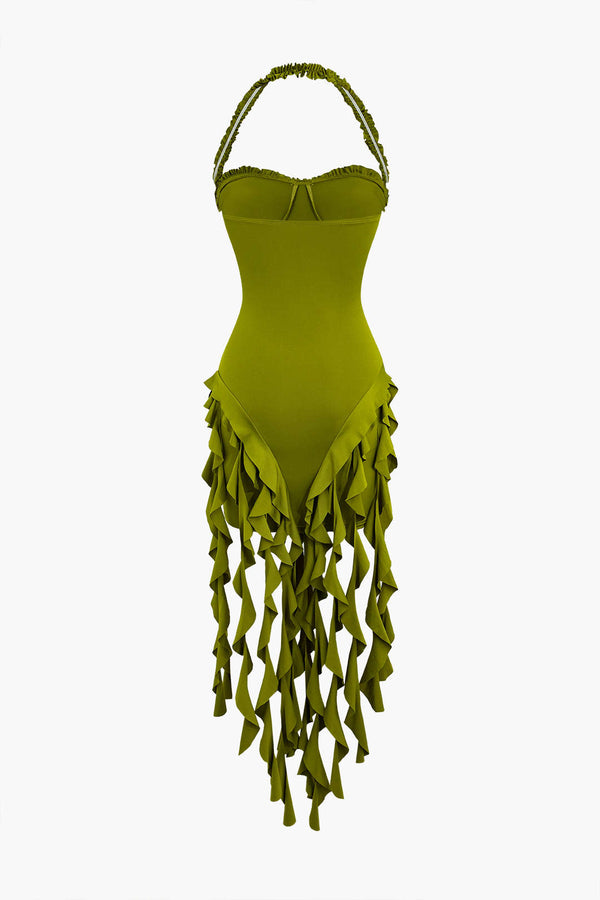 Volanlı Püskül Halter Bustiyer Mini Elbise