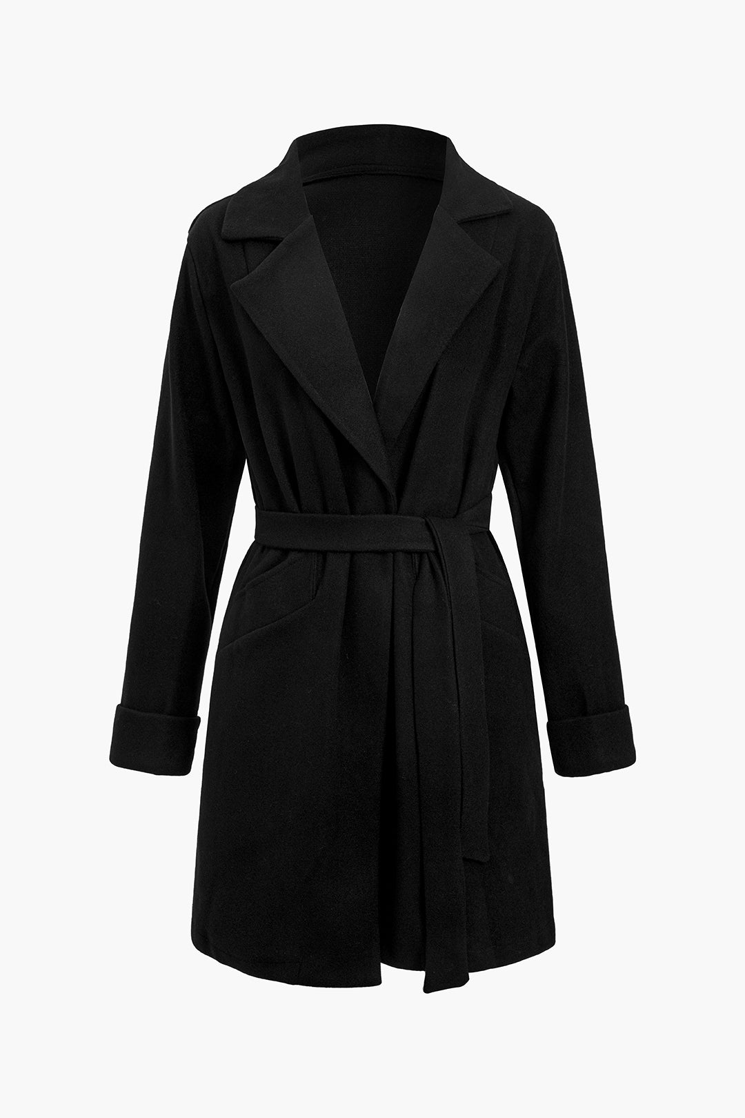 Siyah Asimetrik Bağlamalı Polyester Kumaş Sade Kaban