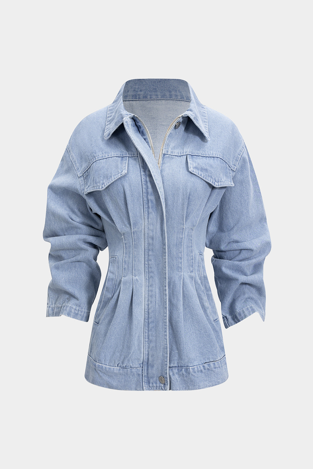 Kot Mavisi Denim Fermuarlı Belindeki Büzgülü Kaban