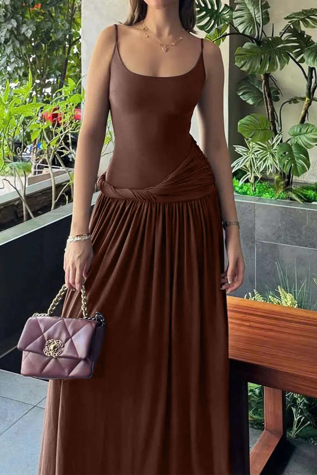 Siyah Düğüm Detaylı Asimetrik Maxi Polyester Elbise