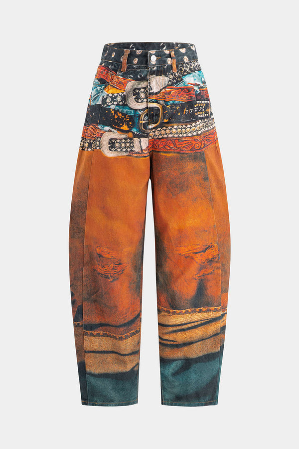 Retro Baskılı Denim Varil Jeanler