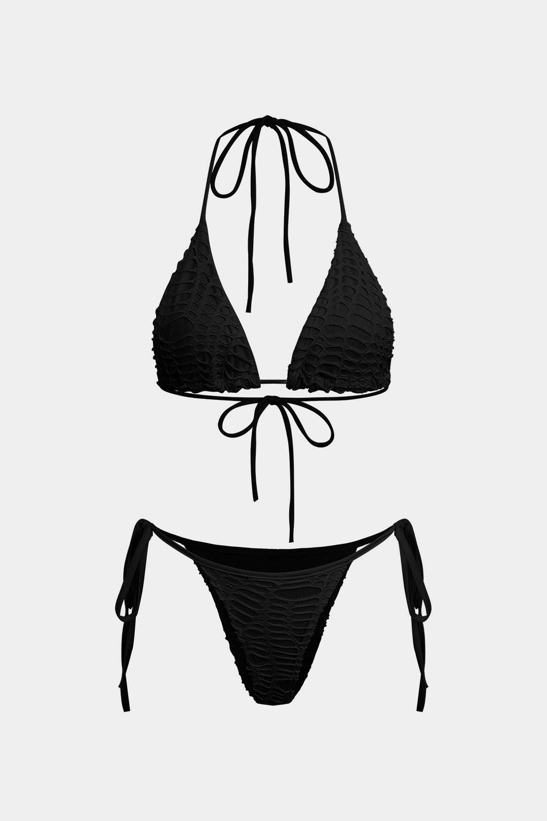 Dokulu Halter Yaka Bikini ve Açık Örgü Plaj Kıyafeti Seti