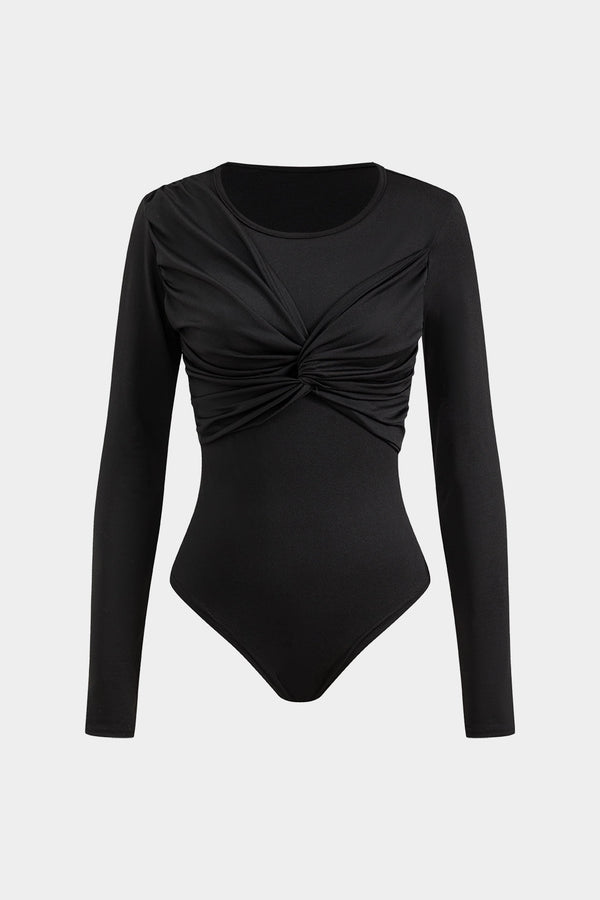 Büzgülü Düğüm Detaylı Uzun Kollu Bodysuit Polyester Elastan