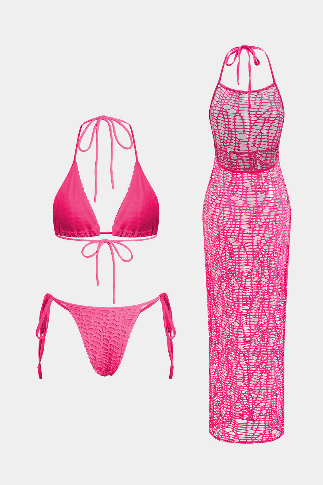 Dokulu Halter Yaka Bikini ve Açık Örgü Plaj Kıyafeti Seti