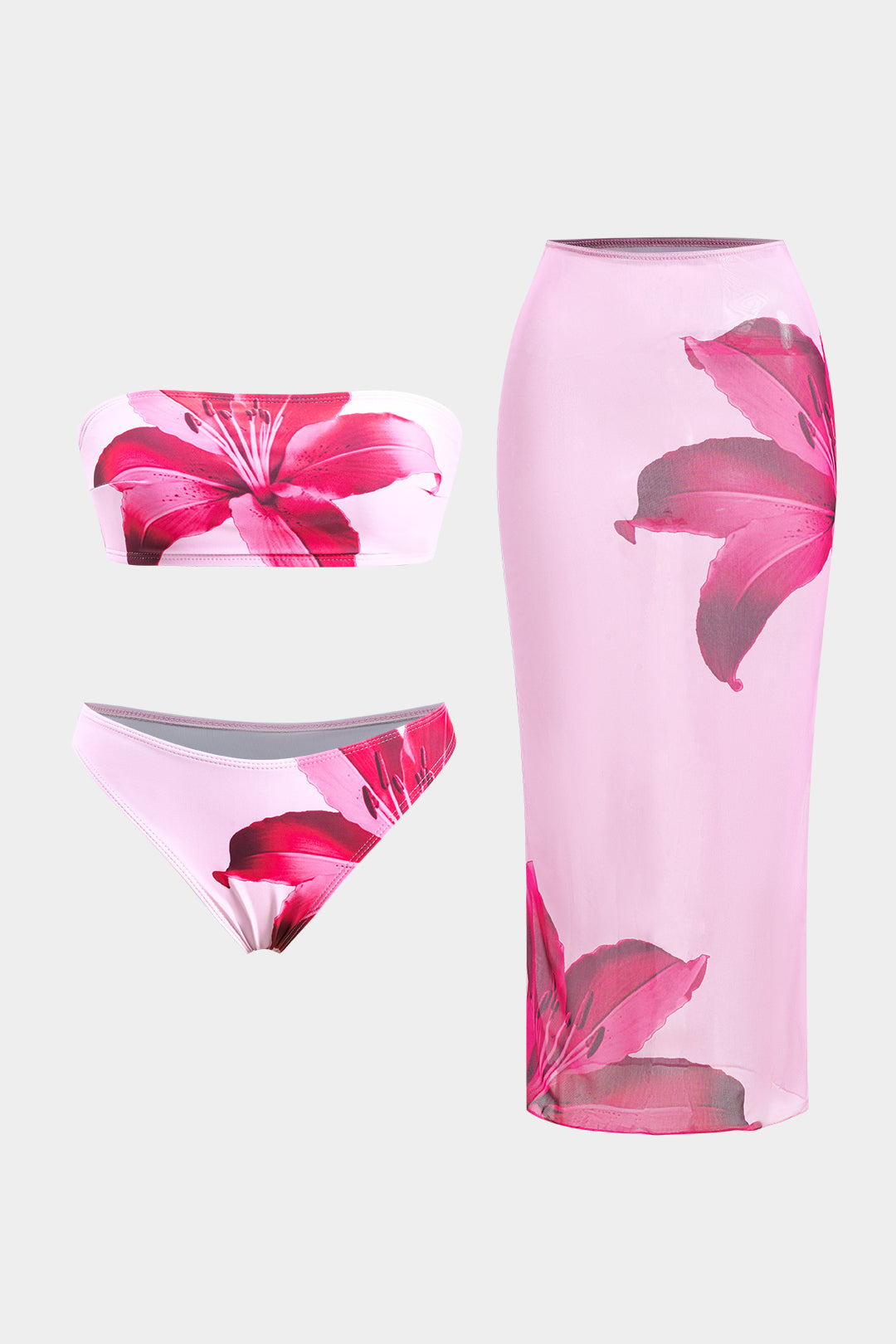Çiçek Desenli File Arkası Açık Bikini ve Cover Up Seti