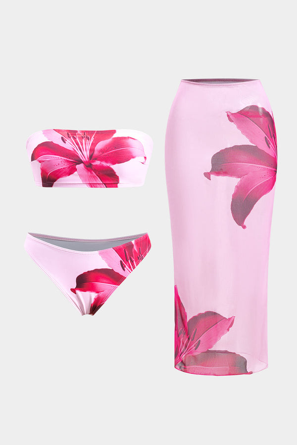 Çiçek Desenli File Arkası Açık Bikini ve Cover Up Seti