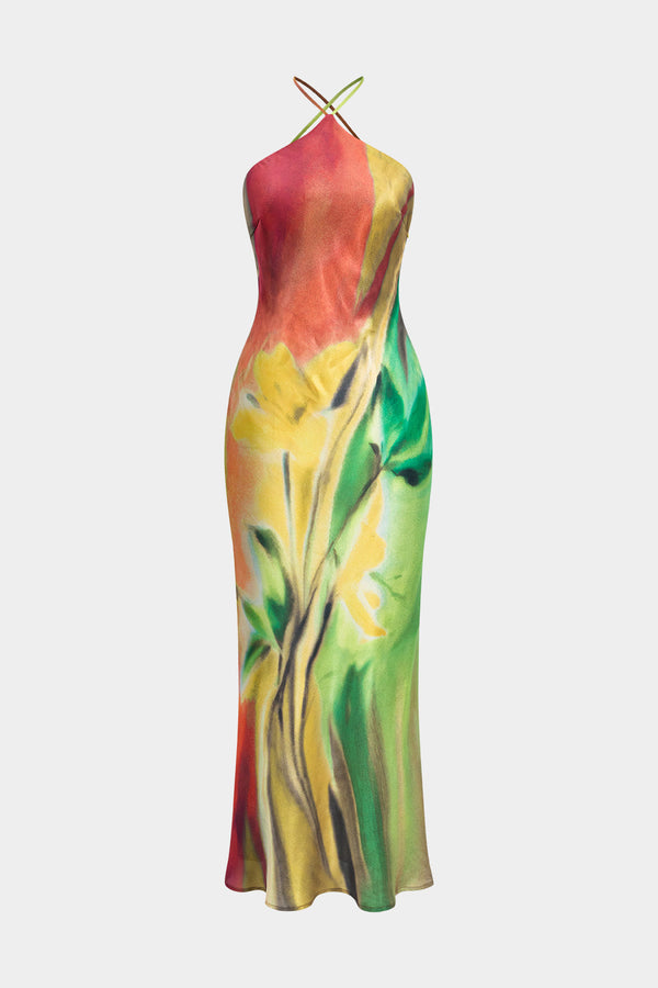 Çiçek Desenli Halter Yaka Sırtı Açık Maxi Elbise