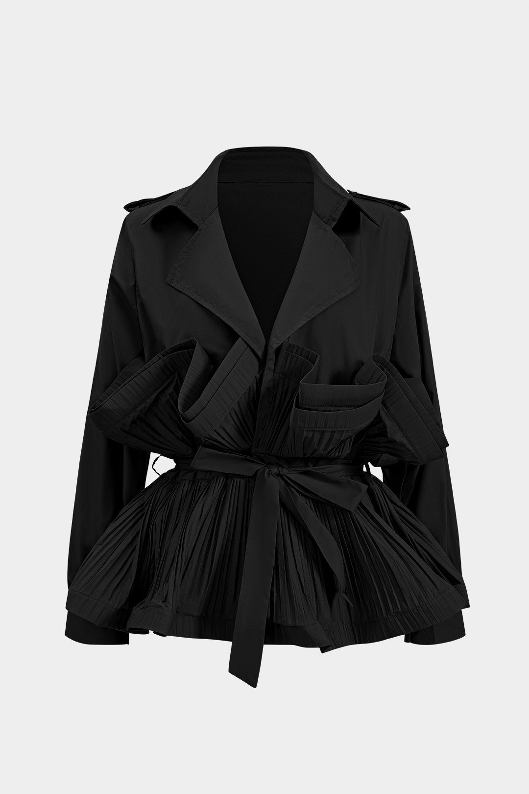 Siyah Pilesli Fırfırlı Bağcıklı Polyester Karışımı Ceket