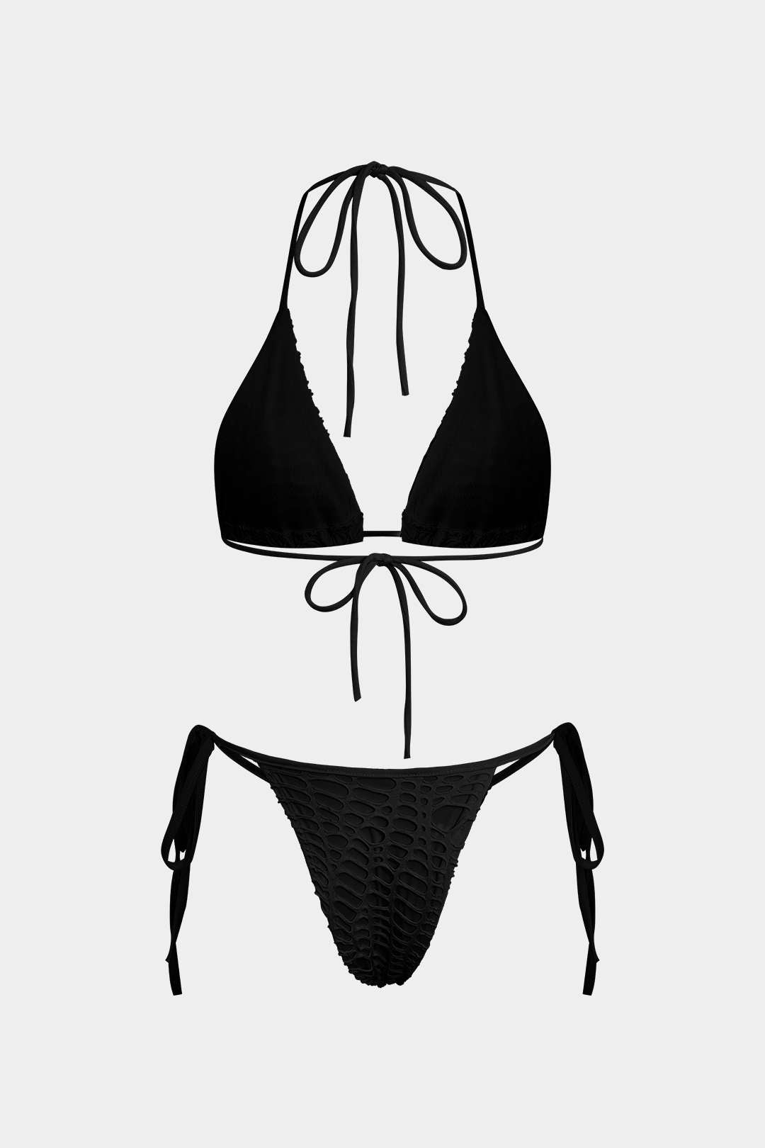 Dokulu Halter Yaka Bikini ve Açık Örgü Plaj Kıyafeti Seti