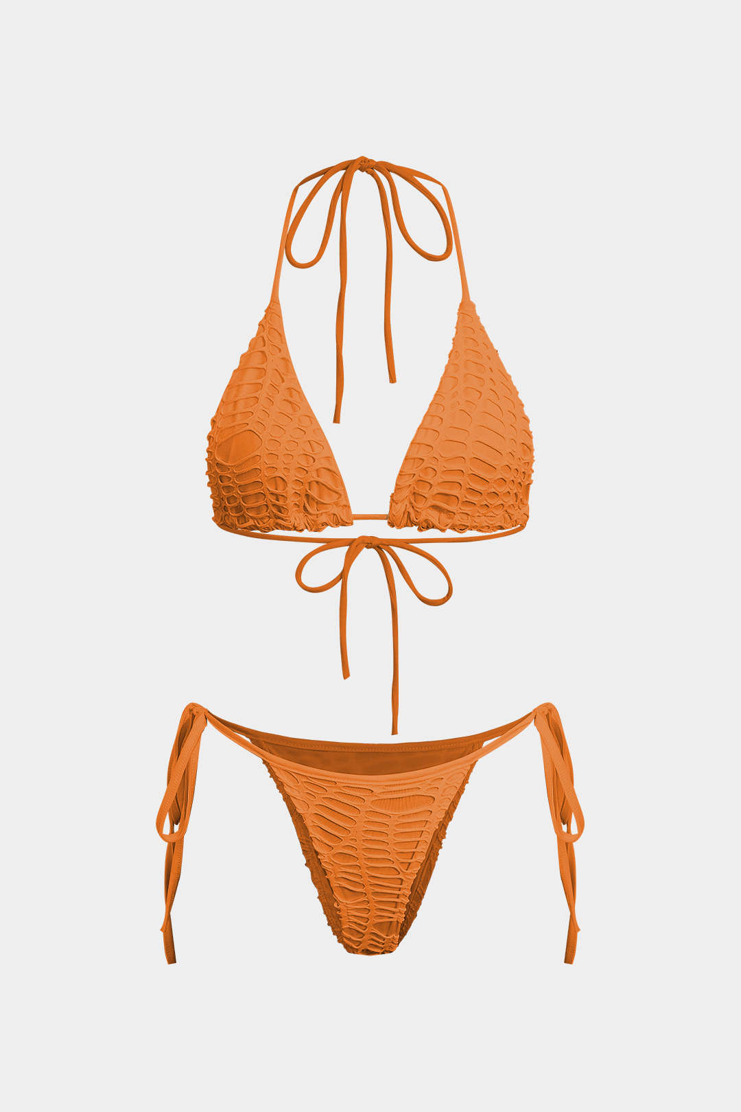 Dokulu Halter Yaka Bikini ve Açık Örgü Plaj Kıyafeti Seti