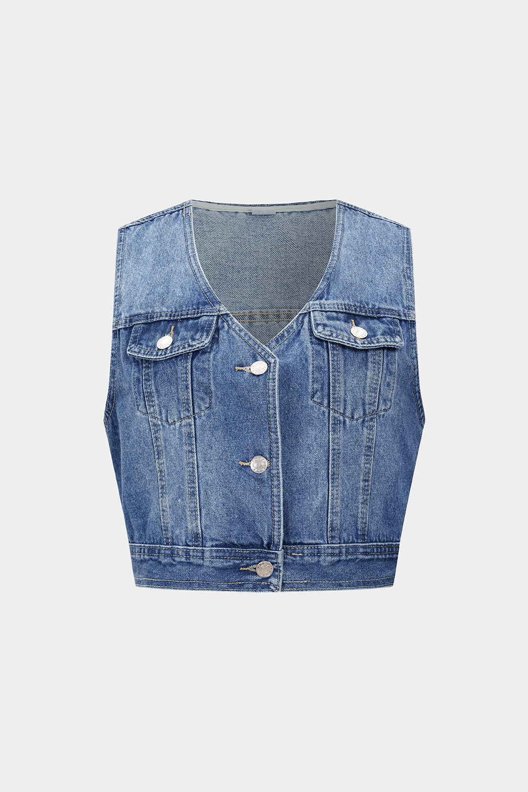 Lacivert Denim Düğmeli V Yaka Yelek