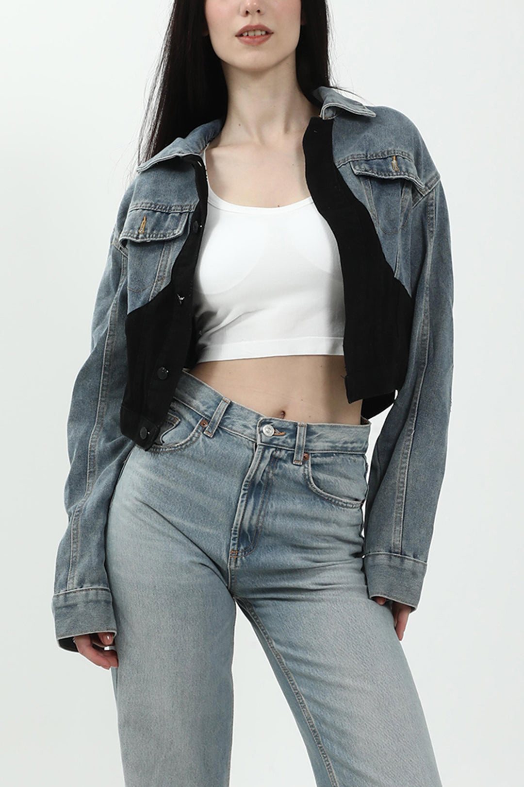 Gökyüzü Mavisi Patchwork Desenli Kontrastlı Denim Ceket
