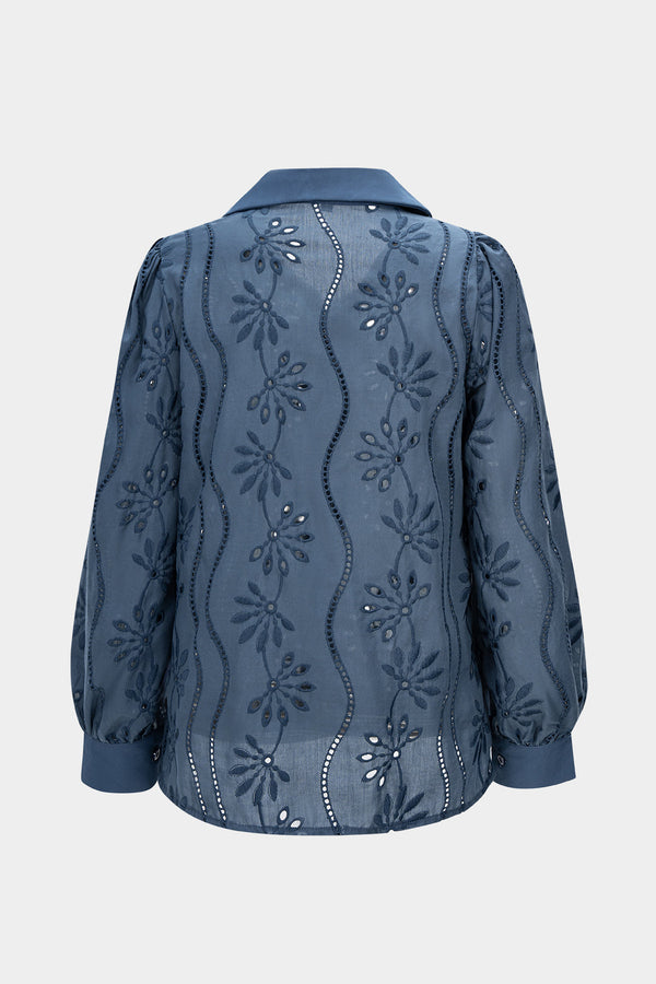 Çiçek Nakışlı Şeffaf Uzun Kollu Gömlek Polyester Kumaş