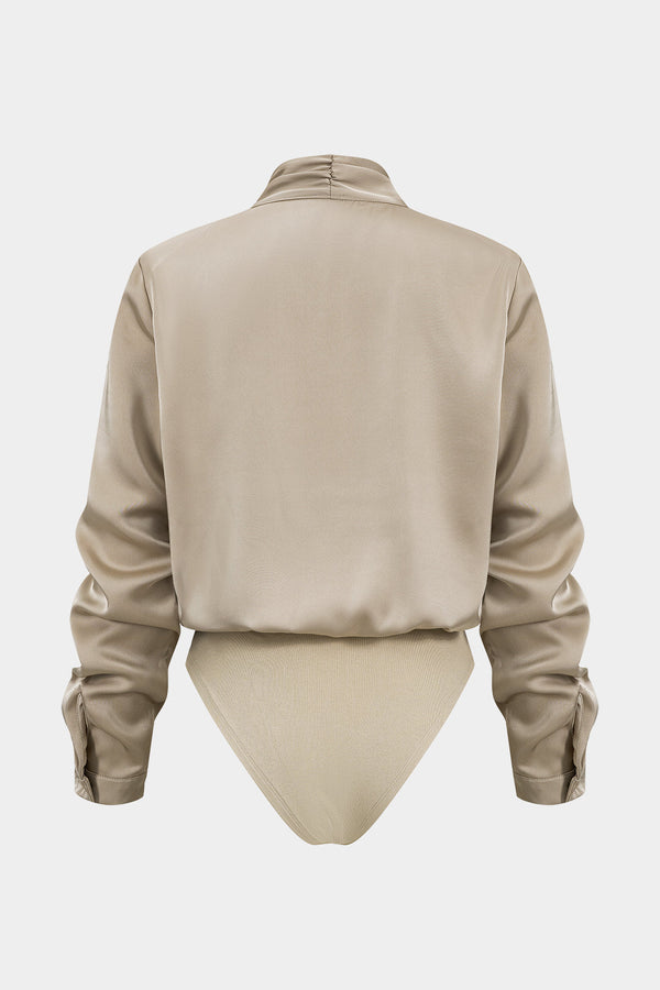 Temel Saten Uzun Kollu Bodysuit Şık Tasarım Günlük