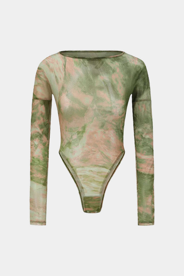 Mermer Desenli Fileli Uzun Kollu Kadın Şık Bodysuit