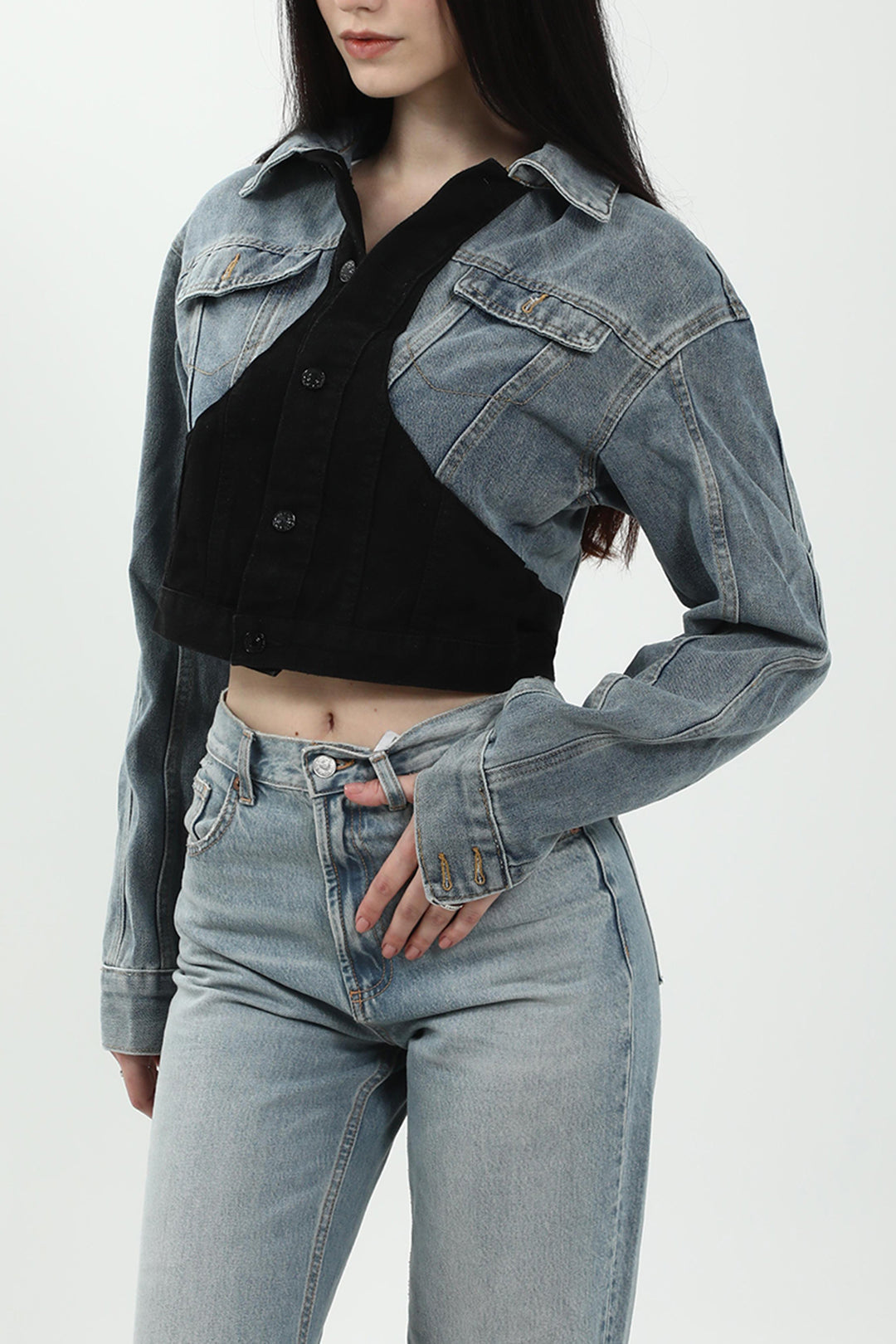 Gökyüzü Mavisi Patchwork Desenli Kontrastlı Denim Ceket