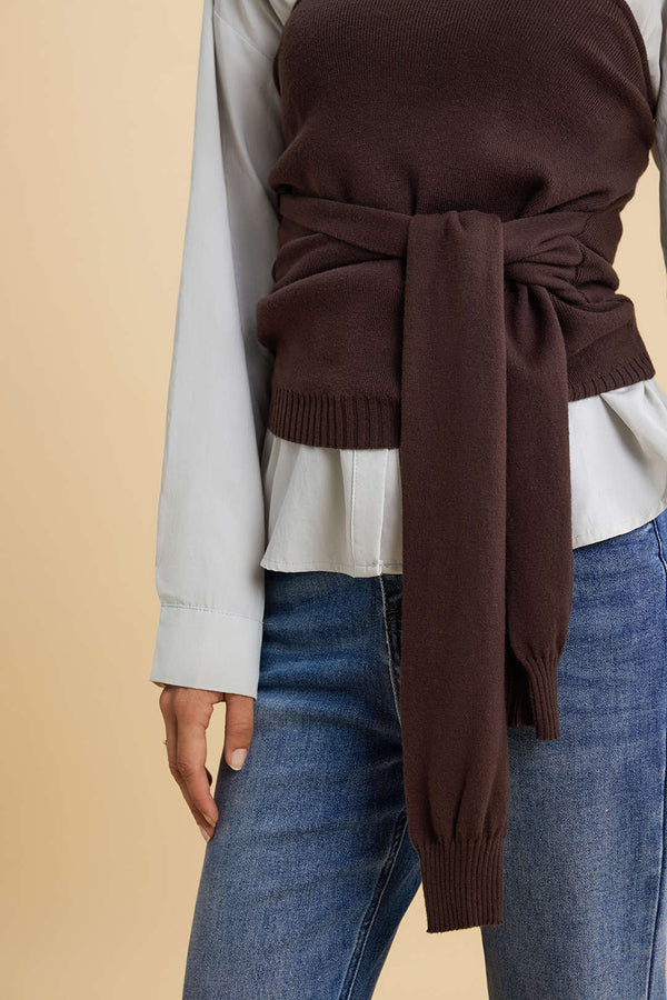 Düz Patchwork Örgü Ön Bağcıklı Uzun Kollu Şık Gömlek