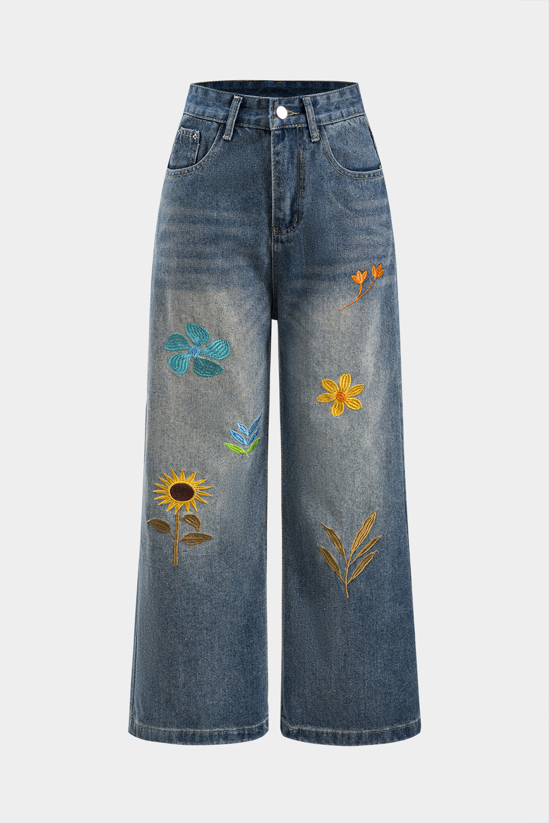 Denim Nakışlı Düz Paça Jean