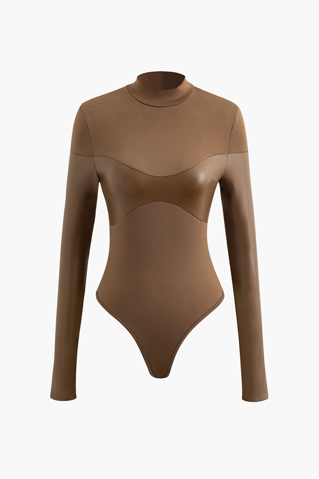 Suni Deri Panel Detaylı Uzun Kollu Mock Yaka Bodysuit