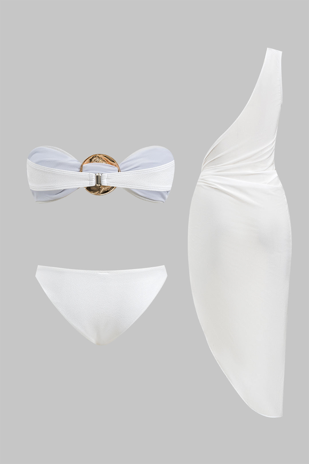 Metalik Volanlı Sırt Açık Bikini ve Tek Omuz Kapatma Seti