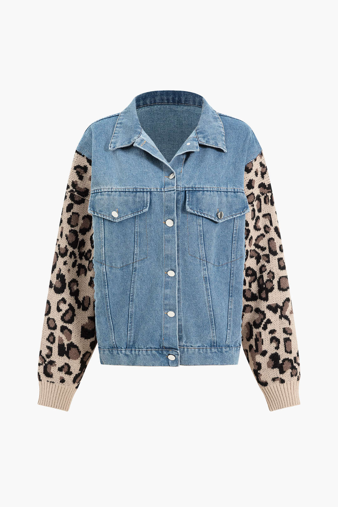 Leopar Desenli Patchwork Denim Kumaş Ayrıntılı Ceket