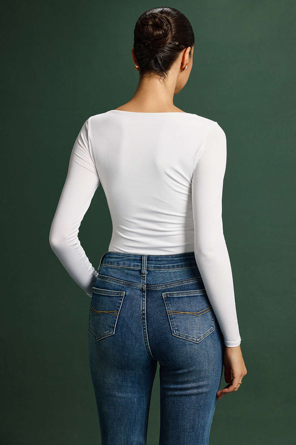 Düz Renkli Kare Yaka Uzun Kollu Bodysuit Şık Tasarım