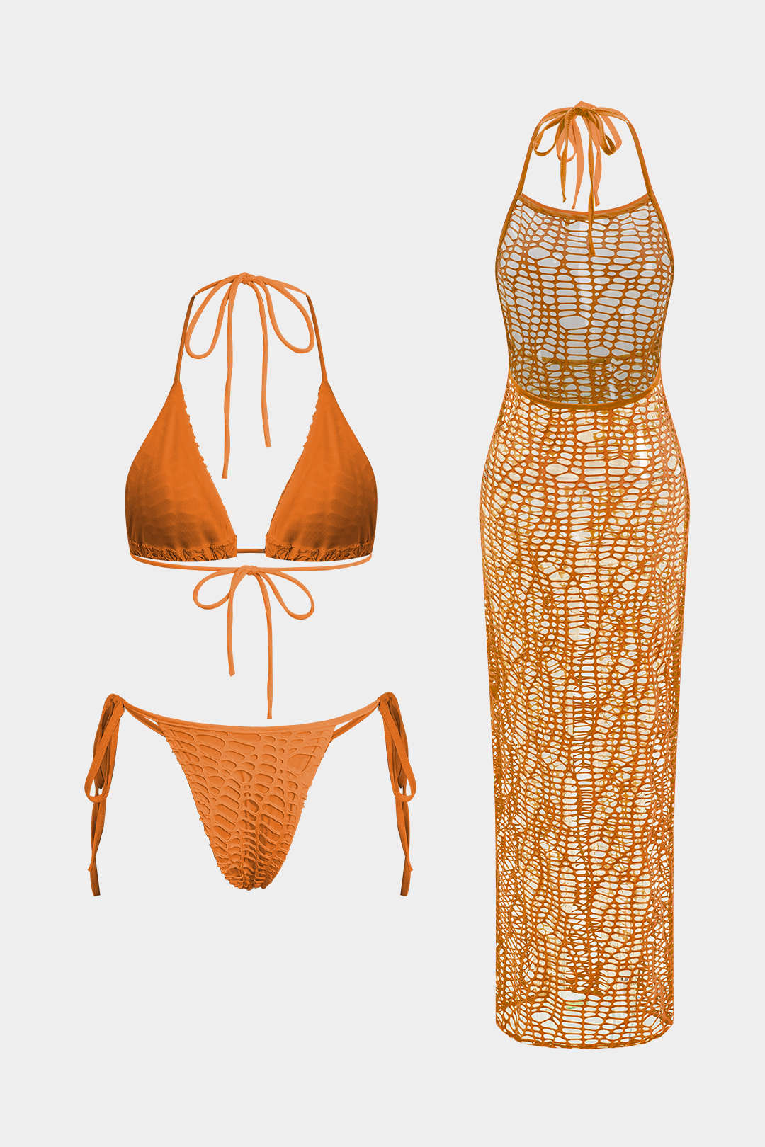 Dokulu Halter Yaka Bikini ve Açık Örgü Plaj Kıyafeti Seti