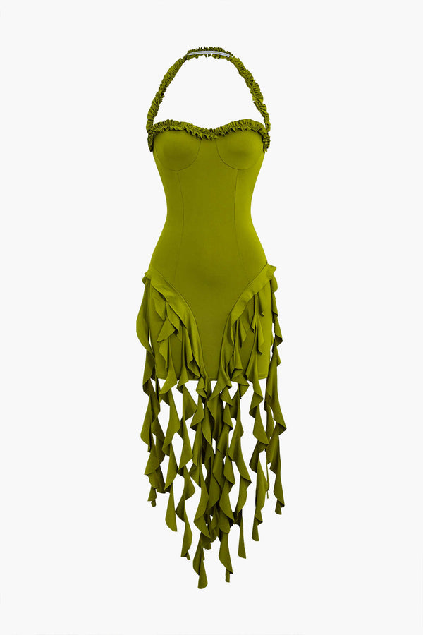 Volanlı Püskül Halter Bustiyer Mini Elbise
