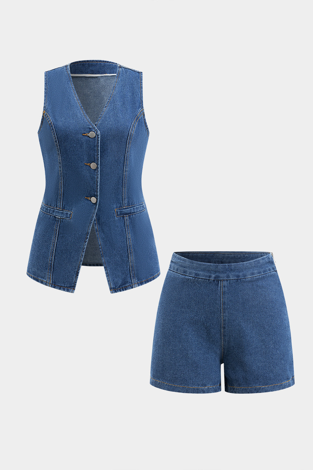 Denim Düğmeli Cepli Kemerli Atlet Üst ve Şort Takımı