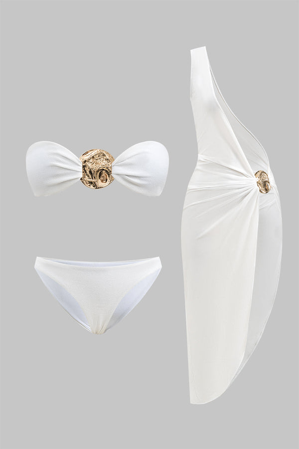 Metalik Volanlı Sırt Açık Bikini ve Tek Omuz Kapatma Seti